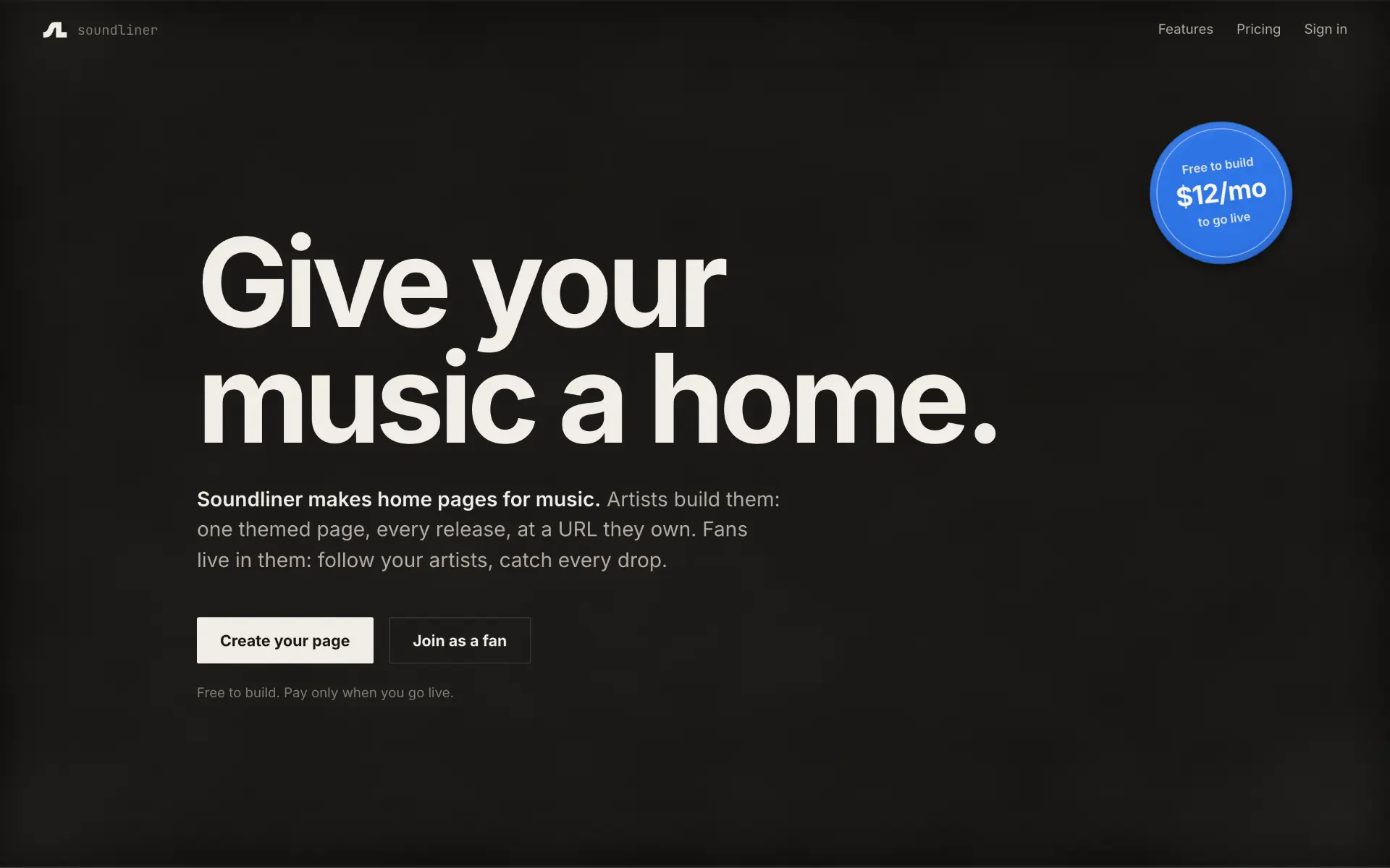 Soundliner landing page for artist music pages