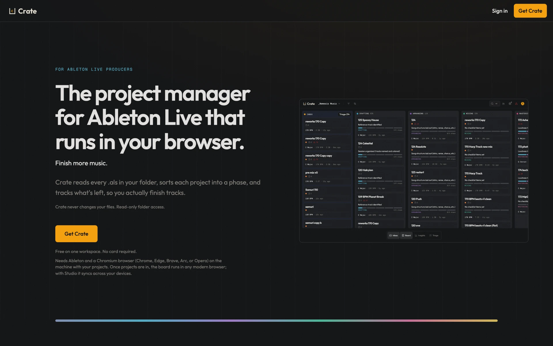 Crate project manager landing page for Ableton Live producers